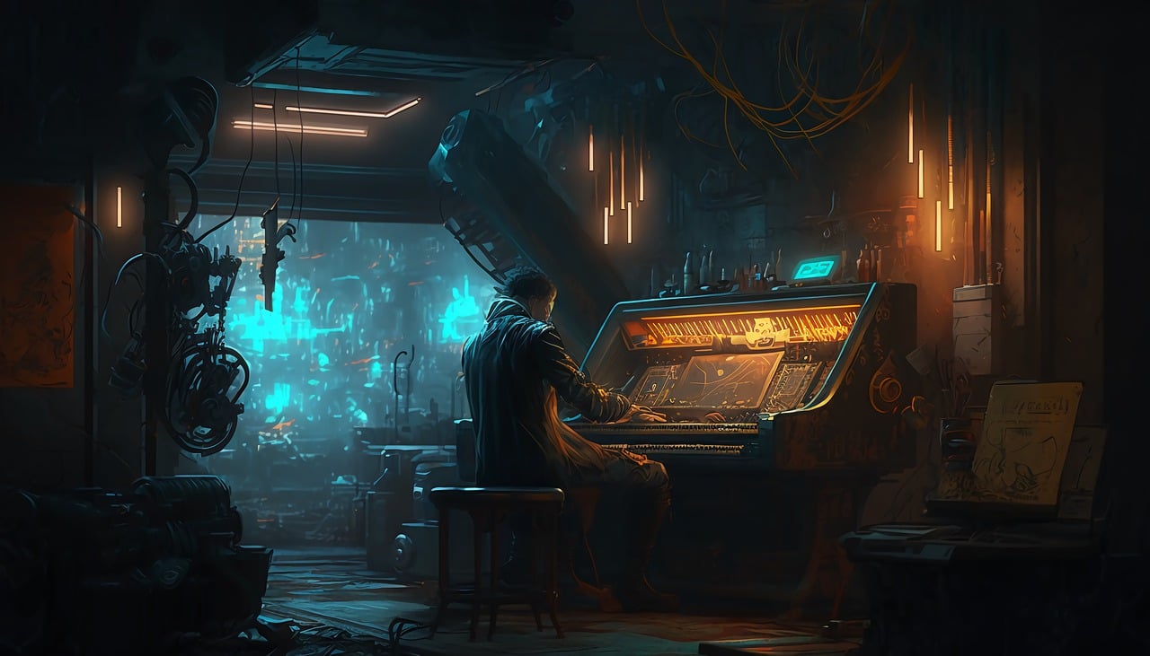 Man at a keyboard in a cyberpunk styled room